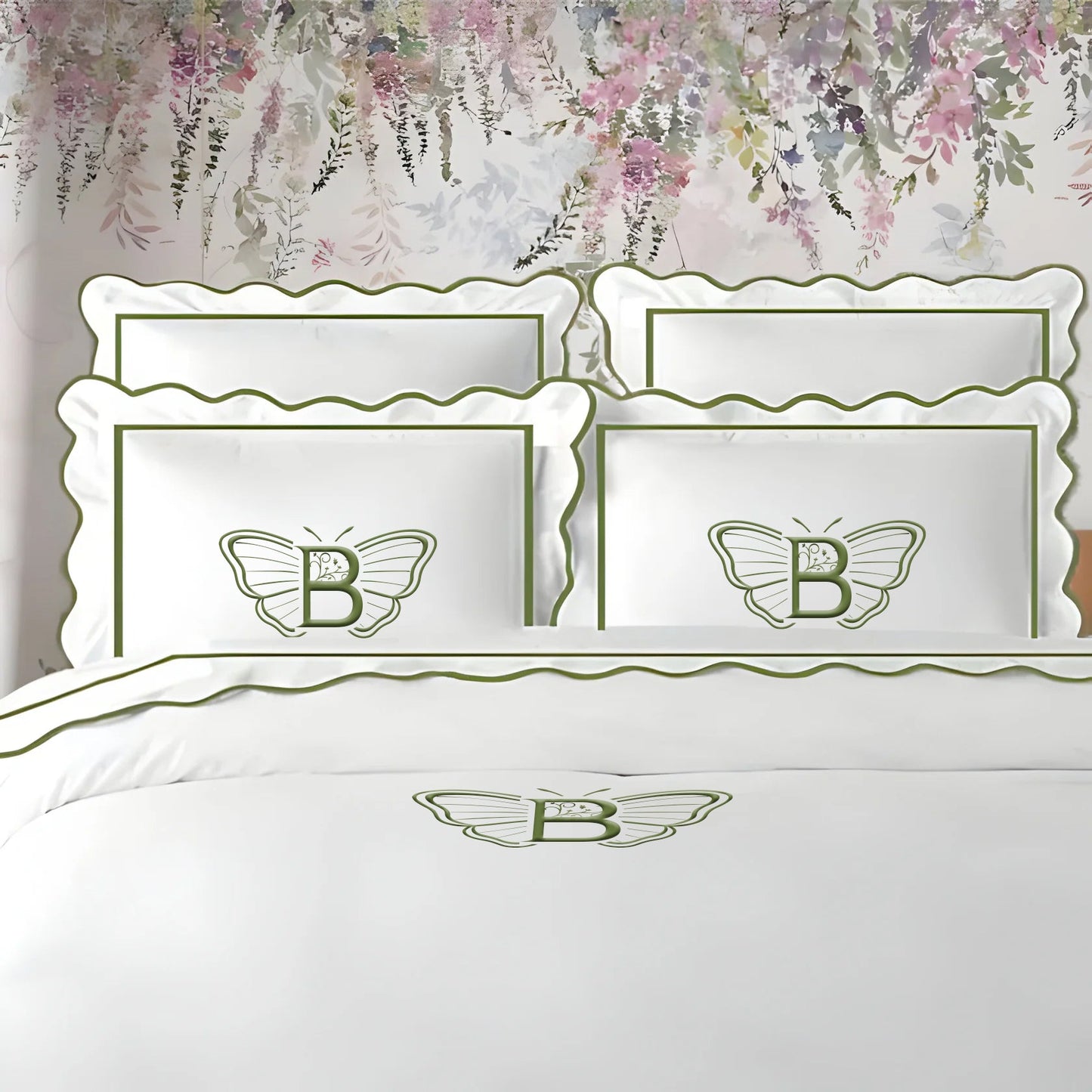 Monogram 400TC Cotton Scallop Embroidery & Border Sateen Solid Duvet Cover Set