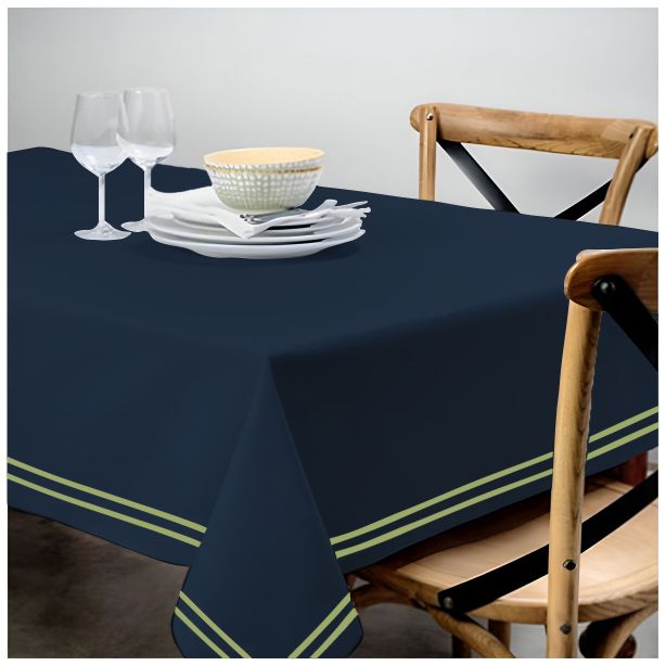 Double Embroidery Border Sateen Cotton Solid Table Cloth - Navy