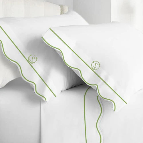 Monogram 400TC Cotton Scallop Embroidery & Border Sateen Solid Sheet Set