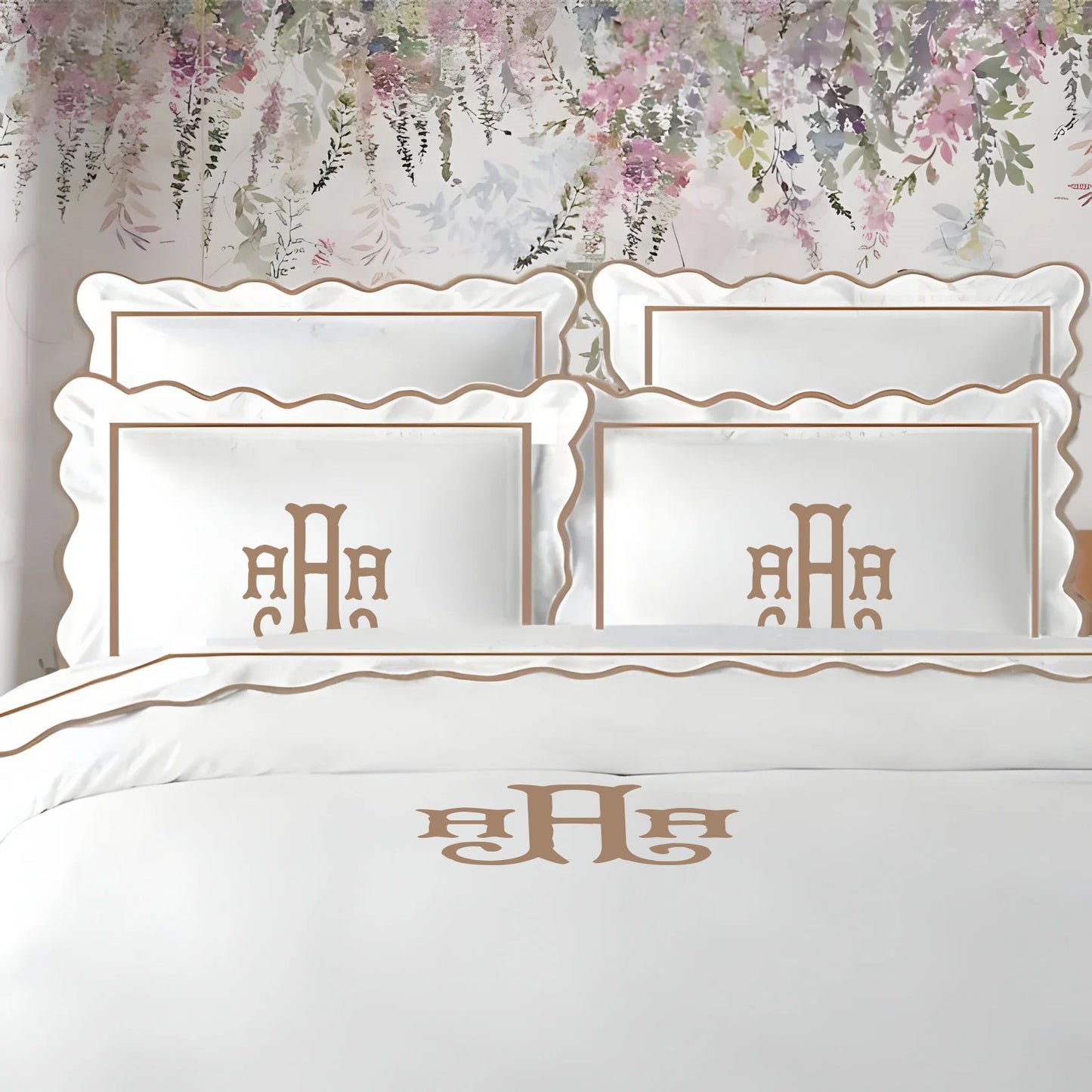 Monogram 400TC Cotton Scallop Embroidery & Border Sateen Solid Duvet Cover Set