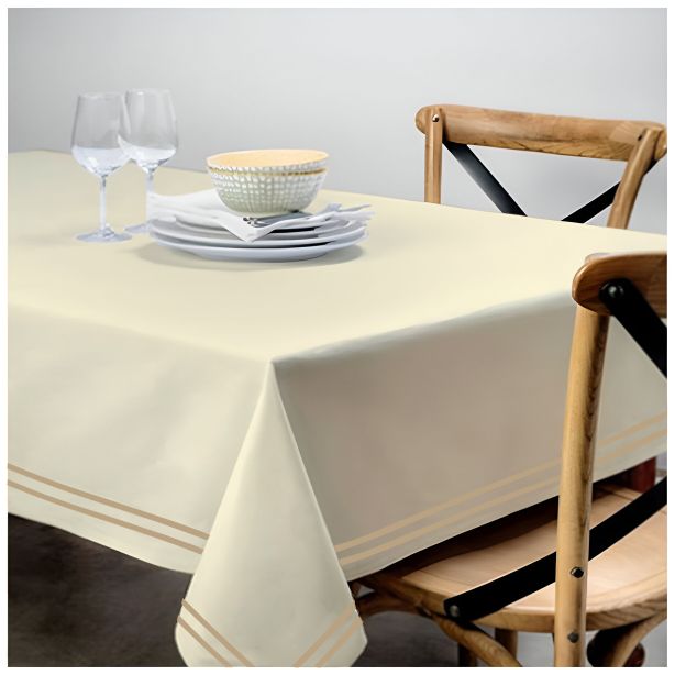 Double Embroidery Border Sateen Cotton Solid Table Cloth - Ivory