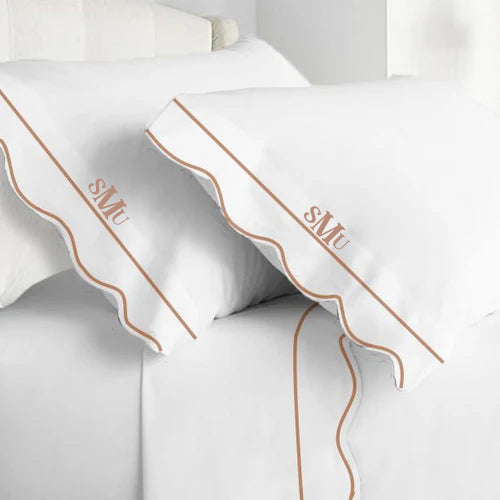 Monogram 400TC Cotton Scallop Embroidery & Border Sateen Solid Sheet Set