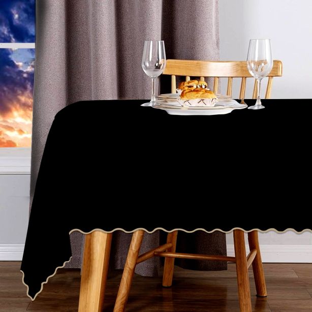 Scallop Embroidery Sateen Cotton Solid Table Cloth - Black