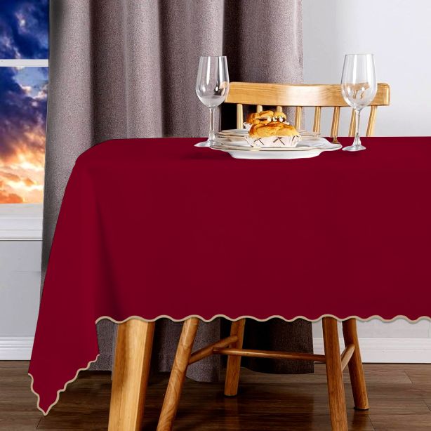 Scallop Embroidery Sateen Cotton Solid Table Cloth - Burgundy