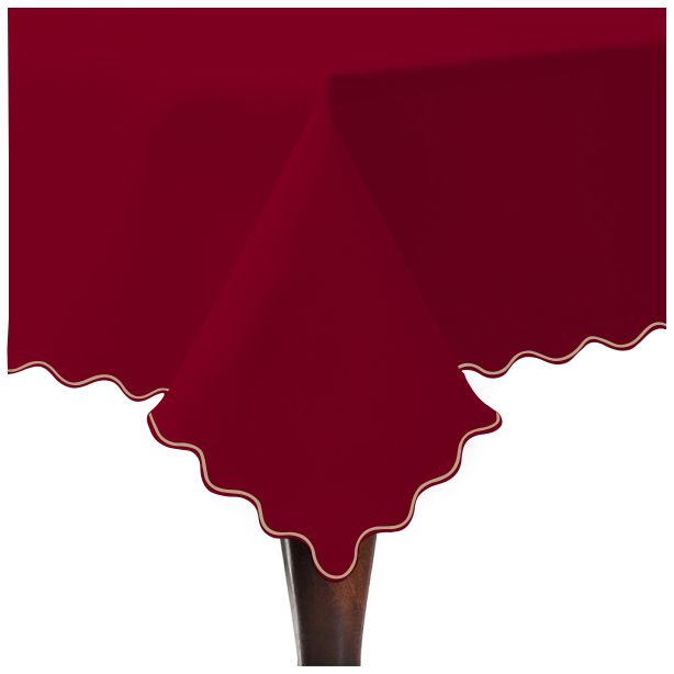Scallop Embroidery Sateen Cotton Solid Table Cloth - Burgundy