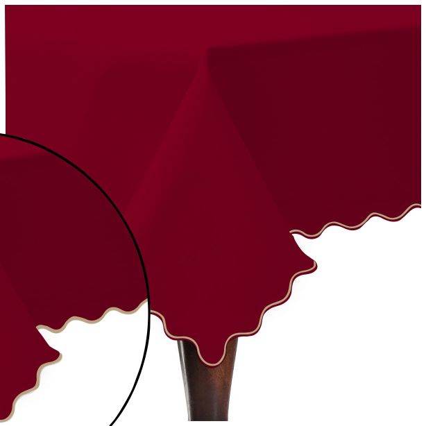 Scallop Embroidery Sateen Cotton Solid Table Cloth - Burgundy