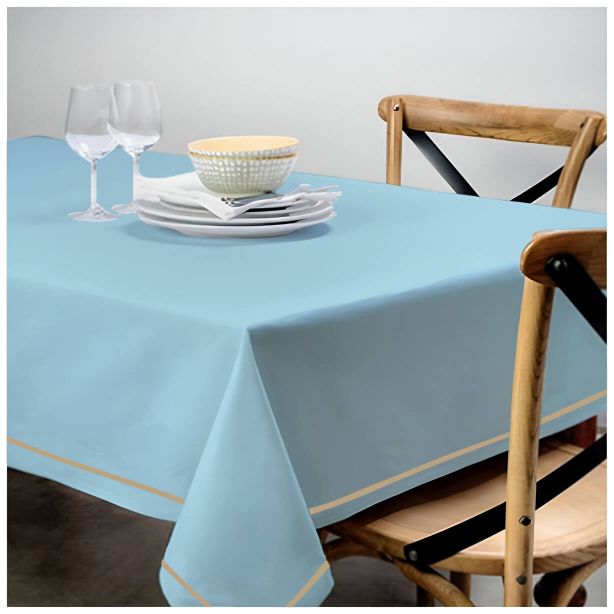 Single Embroidery Border Sateen Cotton Solid Table Cloth - Light Blue