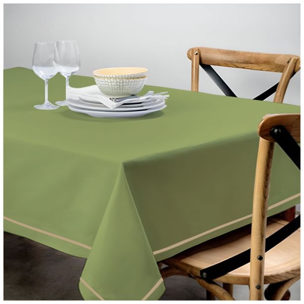 Single Embroidery Border Sateen Cotton Solid Table Cloth - Sage