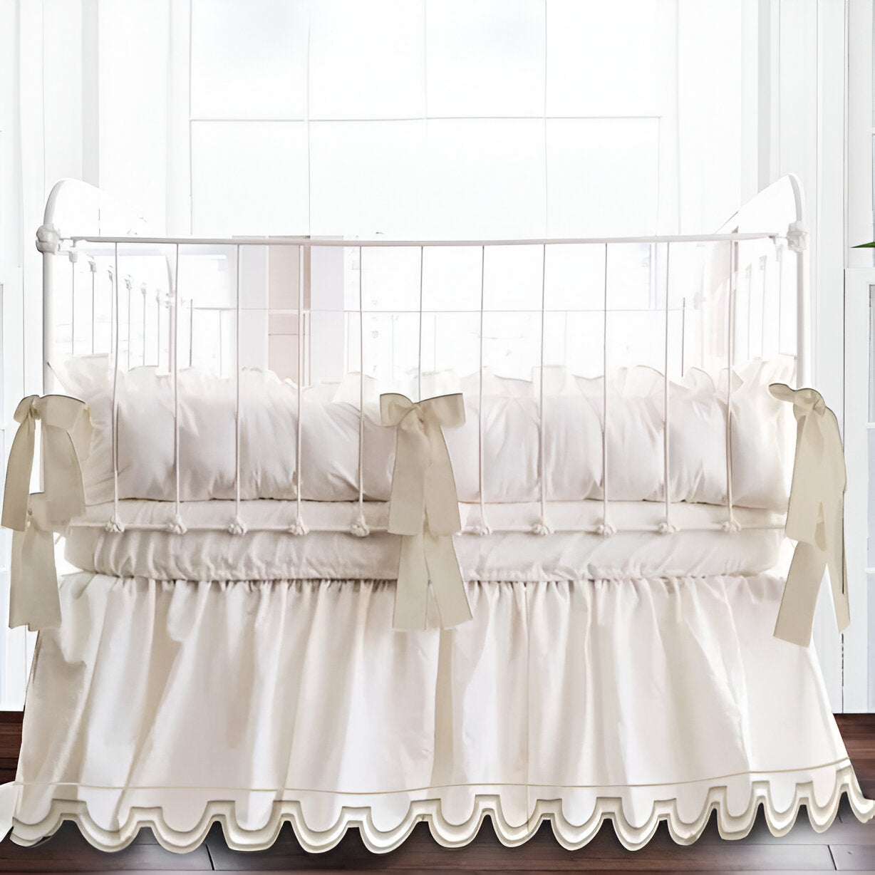 U Shape Scallop Embroidery Cotton Gathered Crib Skirt