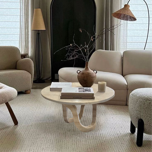 Troia Light Travertine Vein-cut Designer Round Polished Coffee Table (D)24" (H)14"