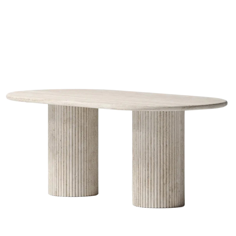 Troia Light Travertine Oval Dining Table with Fluted Round Legs