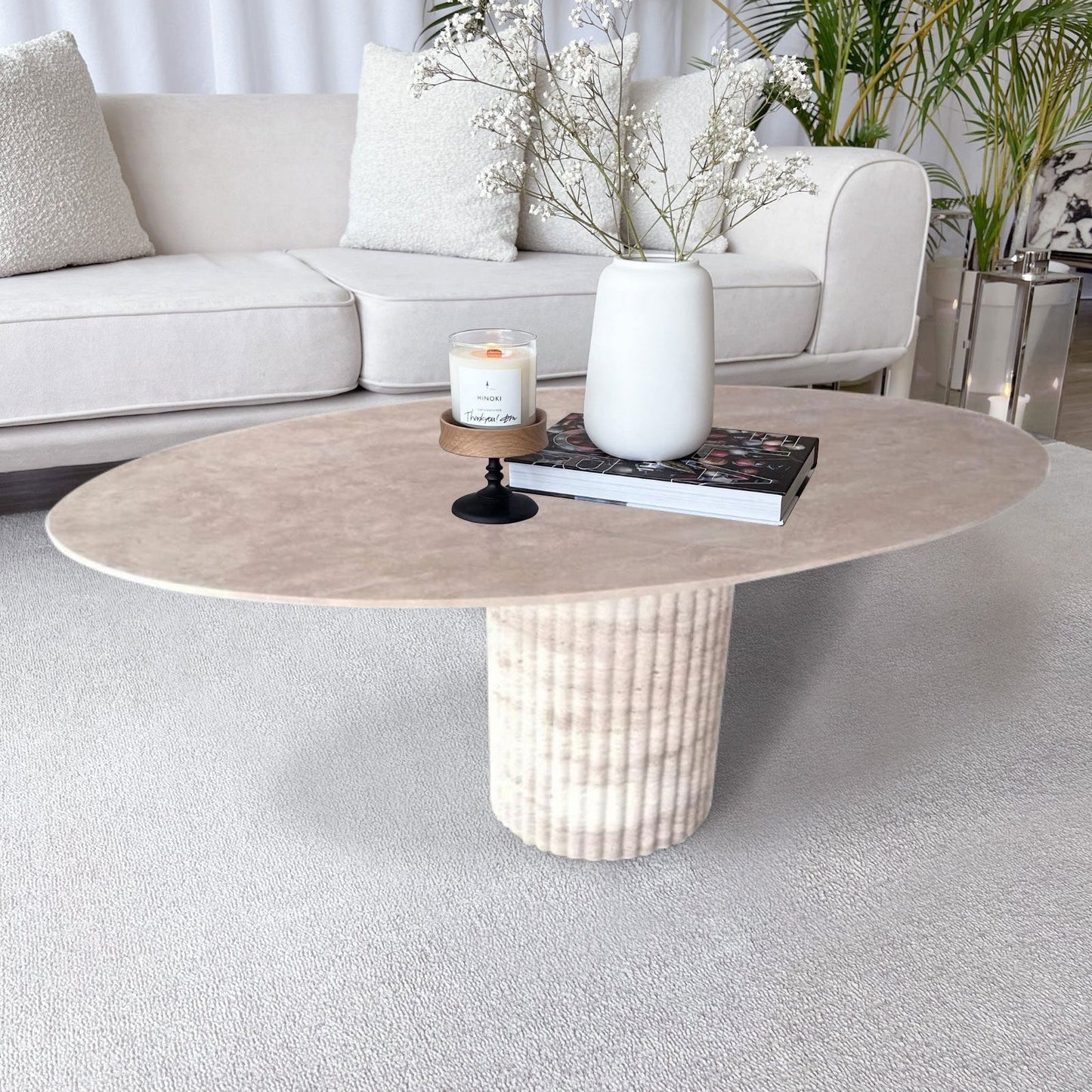 Tuscany Beige Travertine Vein-cut Oval Shape Coffee Table Fluted Leg (W)24" (L)50" (H)23"