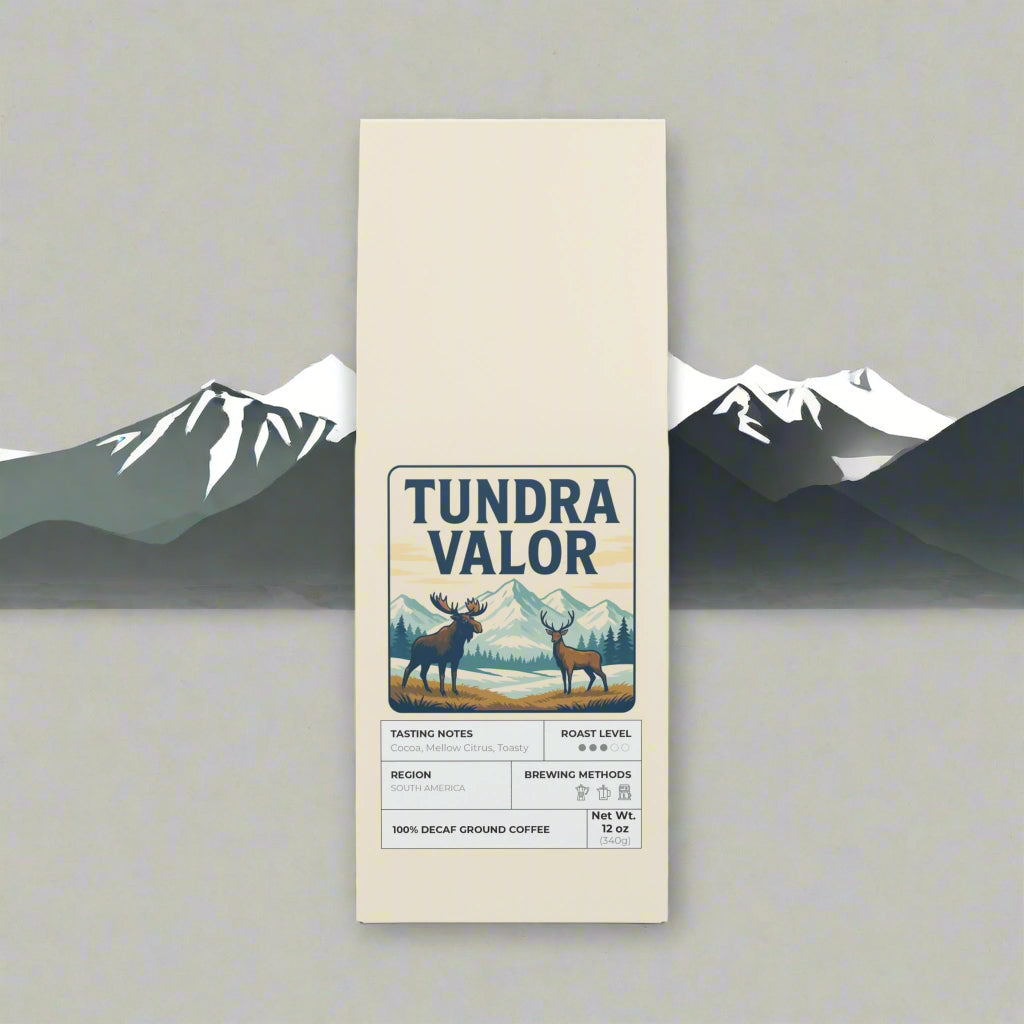 Tundra Valor coffee package with a design of two deer and mountains on a white background