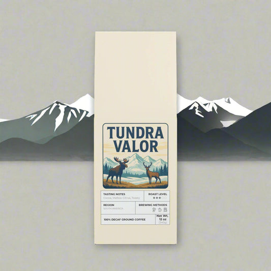 Tundra Valor coffee package with a design of two deer and mountains on a white background