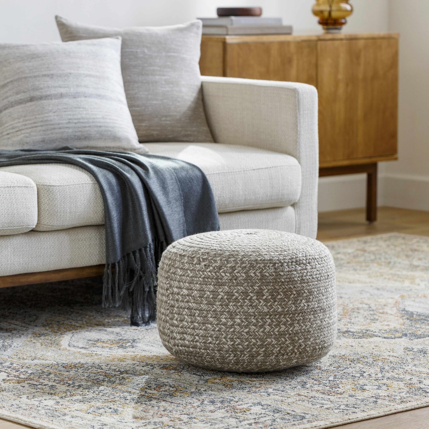 Tonanitla Natural Fiber Light Gray Knitted Pouf