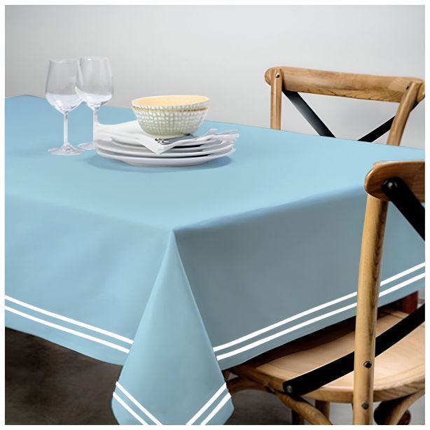 Double Embroidery Border Sateen Cotton Solid Table Cloth - Light Blue