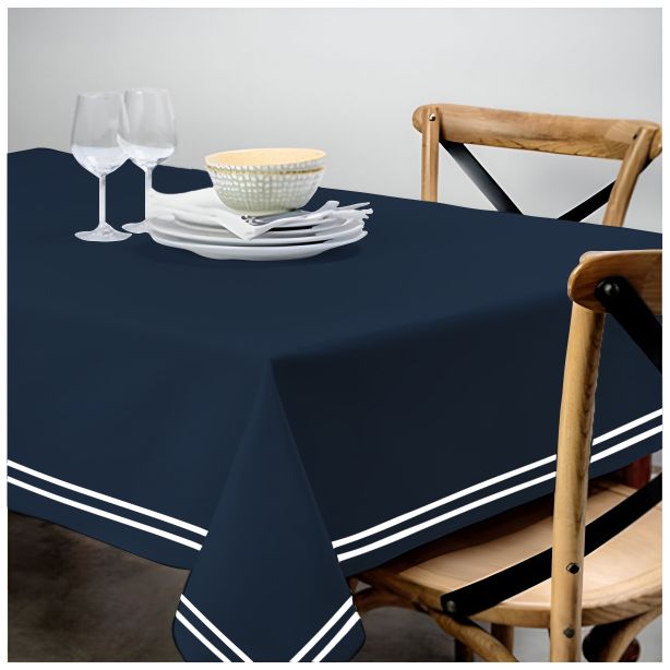 Double Embroidery Border Sateen Cotton Solid Table Cloth - Navy