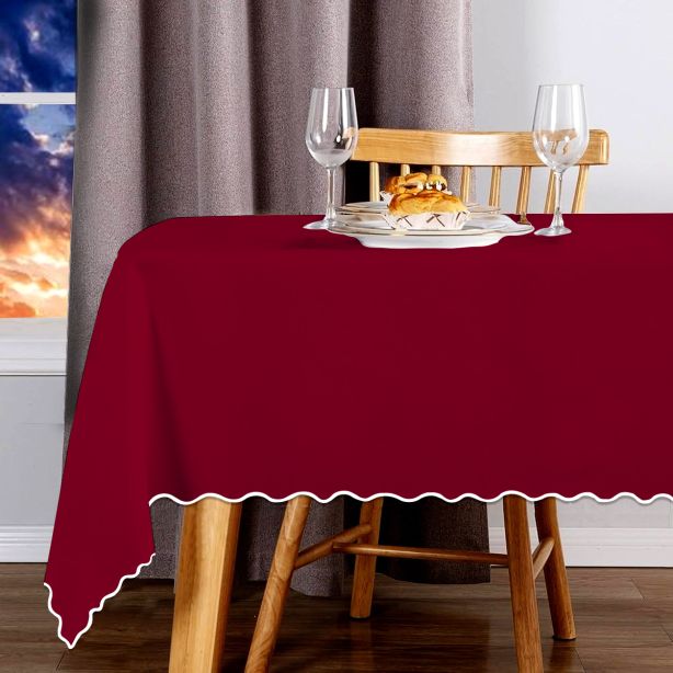 Scallop Embroidery Sateen Cotton Solid Table Cloth - Burgundy