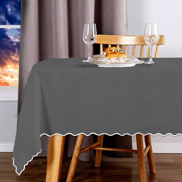 Scallop Embroidery Sateen Cotton Solid Table Cloth - Dark Grey