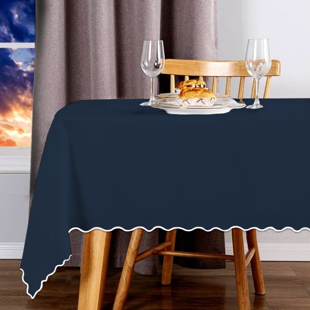 Scallop Embroidery Sateen Cotton Solid Table Cloth - Navy