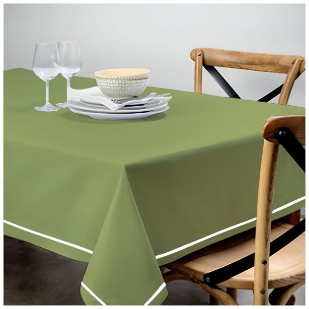 Single Embroidery Border Sateen Cotton Solid Table Cloth - Sage