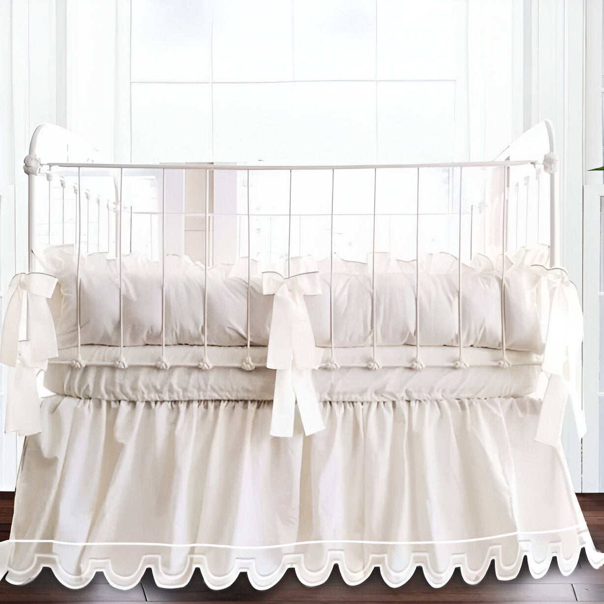 U Shape Scallop Embroidery Cotton Gathered Crib Skirt