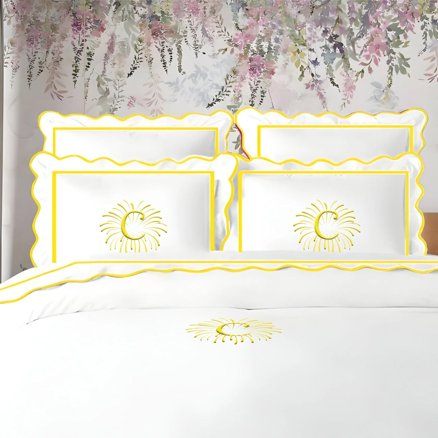 Monogram 400TC Cotton Scallop Embroidery & Border Sateen Solid Duvet Cover Set