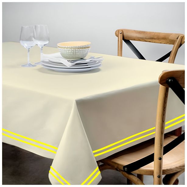 Double Embroidery Border Sateen Cotton Solid Table Cloth - Ivory