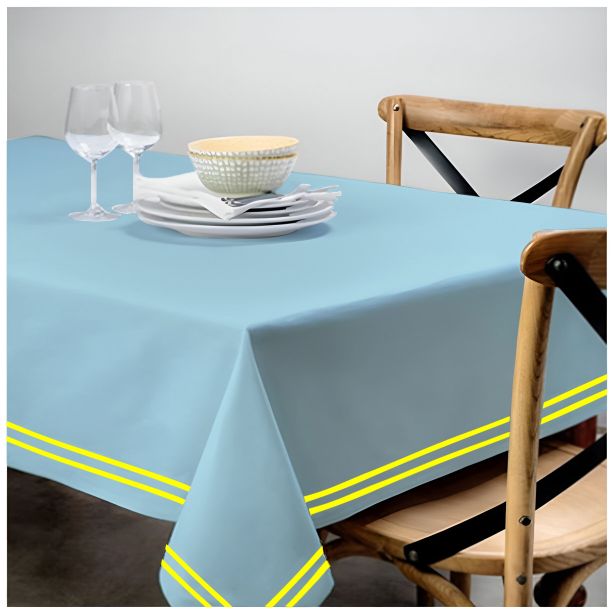 Double Embroidery Border Sateen Cotton Solid Table Cloth - Light Blue