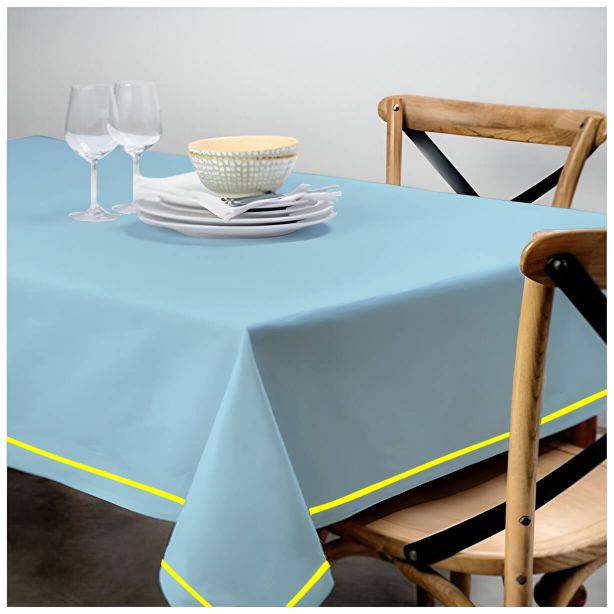 Single Embroidery Border Sateen Cotton Solid Table Cloth - Light Blue