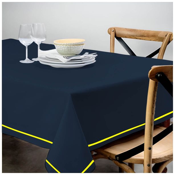 Single Embroidery Border Sateen Cotton Solid Table Cloth - Navy